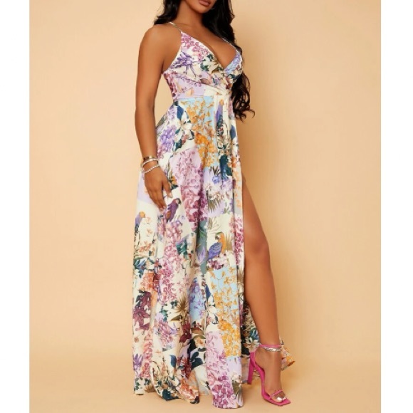 Boho floral print open back slit thigh maxi dress - Picture 5 of 7